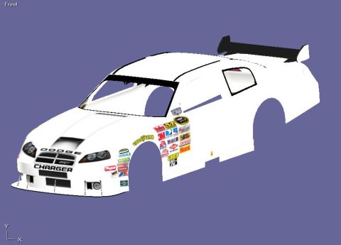 2004 Jeep Wrangler - A 3D rendering of a white Dodge Charger race car, displaying numerous sponsor decals on its bodywork.
