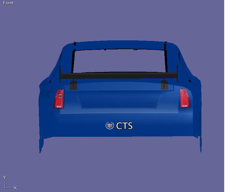 Blue Cadillac CTS rear view with spoiler and CTS badge