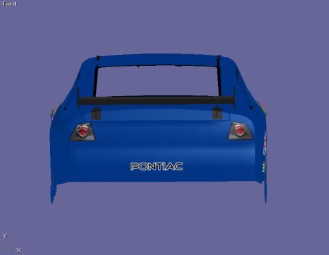 2004 Jeep Wrangler - Rear view of a blue Pontiac race car with a spoiler and "PONTIAC" branding visible on the rear panel.