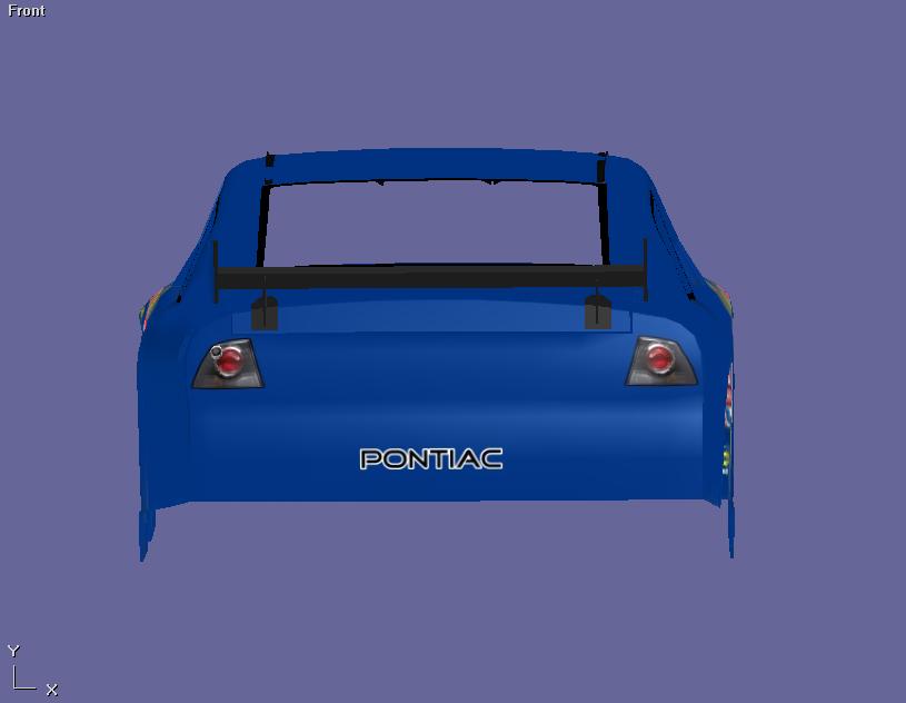 Blue Pontiac race car rear view with spoiler and "PONTIAC" text