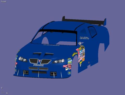 2004 Jeep Wrangler - A blue race car, likely a digital rendering, displays numerous sponsor decals on its side and front.
