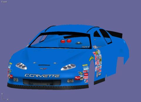 2004 Jeep Wrangler - This blue race car displays numerous sponsor decals and the CORVETTE name on its front.