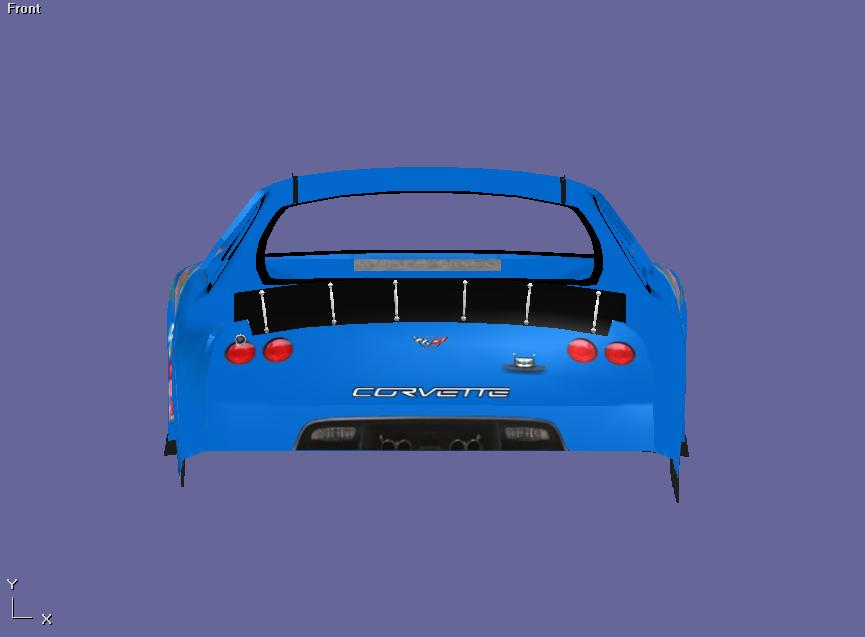 Blue Corvette rear view with spoiler and CORVETTE badging