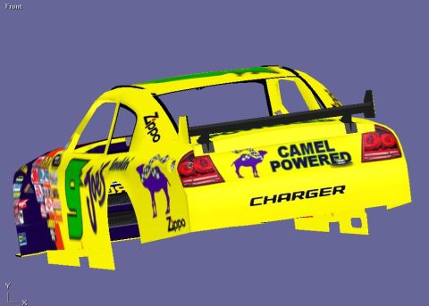 2004 Jeep Wrangler - This digital rendering shows a yellow race car with "Camel Powered Charger" branding and a prominent number 9.