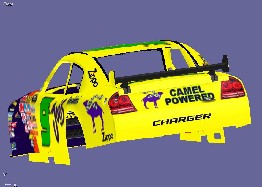 Yellow race car with "Camel Powered Charger" livery and a large number 9 on the side