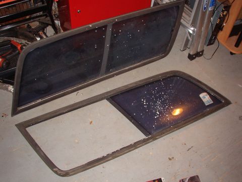 1983 Ford Bronco - I need a driver's front (sliding) panel of glass & the metal bar for its back edge. The white crap is apparently paint - IDK how it got spa…