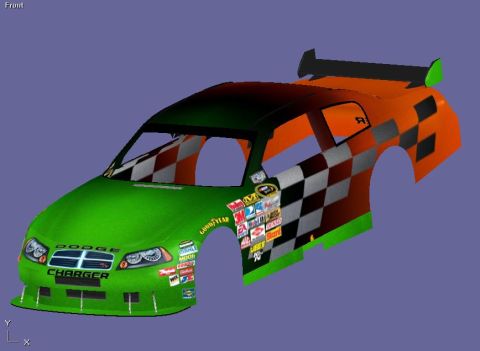 2004 Jeep Wrangler - This 3D rendering shows a Dodge Charger race car body with various sponsor decals and a checkered flag design.