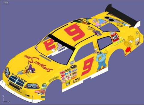 2004 Jeep Wrangler - A yellow Dodge Charger NASCAR body is decorated with Simpsons characters and various sponsor logos.