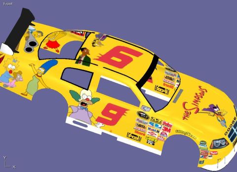 2004 Jeep Wrangler - This yellow race car features various Simpsons characters and numerous sponsor decals, including 'The Simpsons' branding.