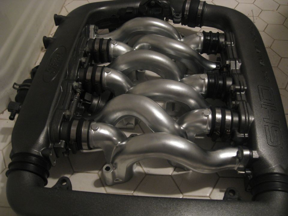 Close-up of a Ford SHO intake manifold with silver runners