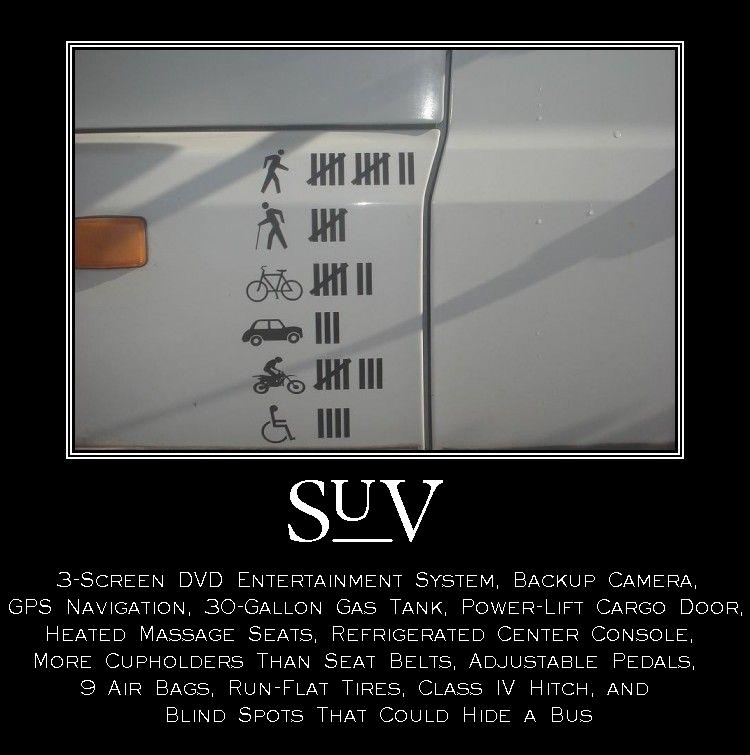 White vehicle panel with tally-mark kill stickers, demotivational SUV poster