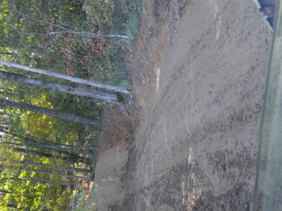 Muddy trail through trees, looks like an off-road path