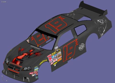 2004 Jeep Wrangler - This Dodge Charger race car body features a dark gray paint scheme with prominent red '19' graphics and a scorpion decal on the hood.