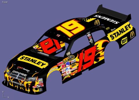 2004 Jeep Wrangler - This is a 3D render of a racing car body, flames and sponsor decals. The grille indicates it is a Dodge Charger.