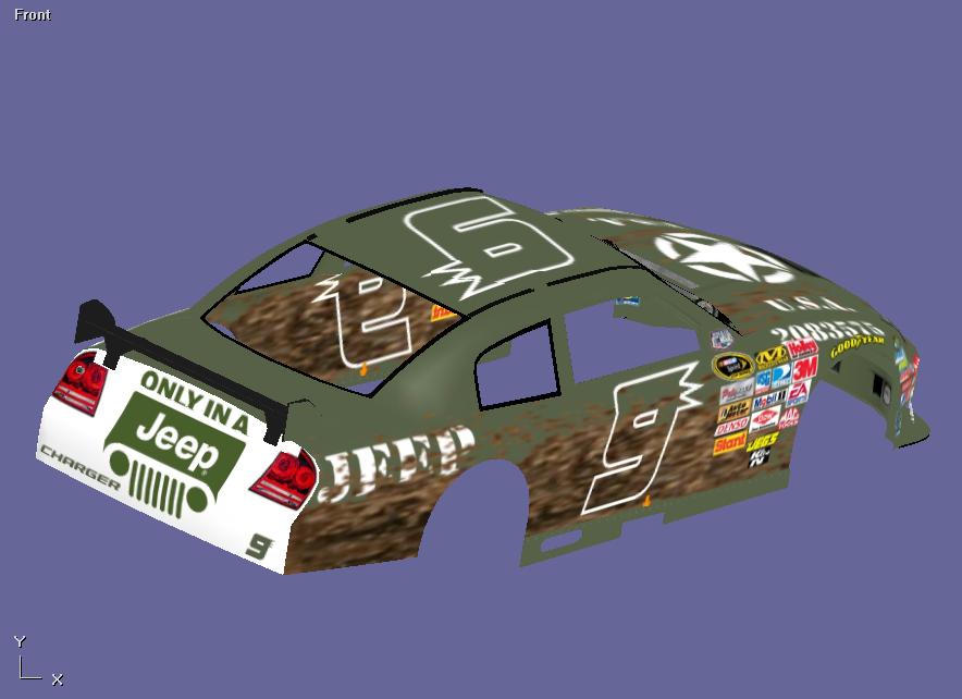 Digital rendering of a race car body with 'Jeep' and 'Charger' text, military star, and various sponsor decals