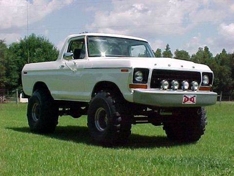 1979 Ford Bronco - This lifted pickup truck has a custom bumper with four auxiliary lights and a decorative plate.