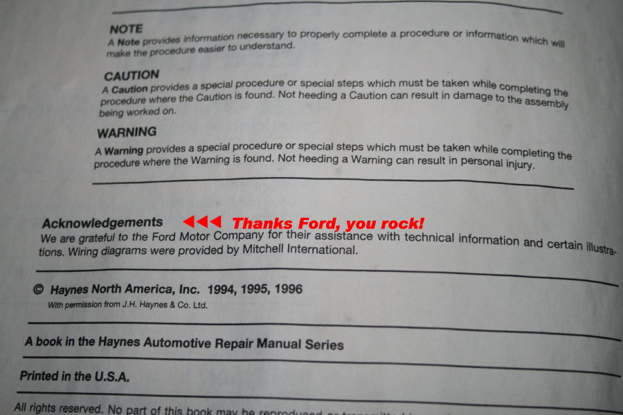 Page from a Haynes repair manual with notes, cautions, warnings, and acknowledgements