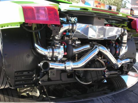 1998 Ford Crown Victoria - The intricate plumbing and polished components of a high-performance engine are visible.