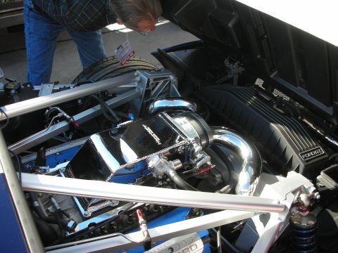 1998 Ford Crown Victoria - The engine bay features a prominent chrome intake manifold and blue engine components.