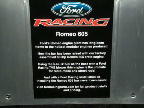 1998 Ford Crown Victoria - Information plate for a Ford Racing Romeo 605 crate engine, detailing its specifications and intended use.