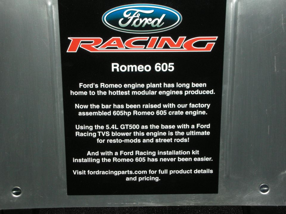 Ford Racing Romeo 605 crate engine info plate. Mentions 5.4L GT500 base and Ford Racing TVS blower