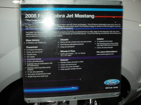 1998 Ford Crown Victoria - Ford promotional spec placard for the 2008 Cobra Jet Mustang listing powertrain, chassis, wheels and interior details.
