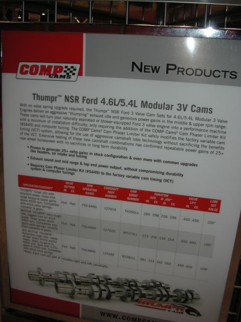 1998 Ford Crown Victoria - COMP Cams product literature poster for Thumpr NSR 4.6L/5.4L modular cams with a cam spec table.