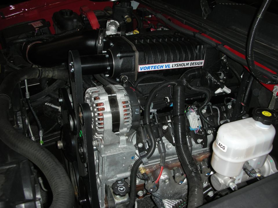 Engine bay with Vortech VL Lysholm Design supercharger and alternator