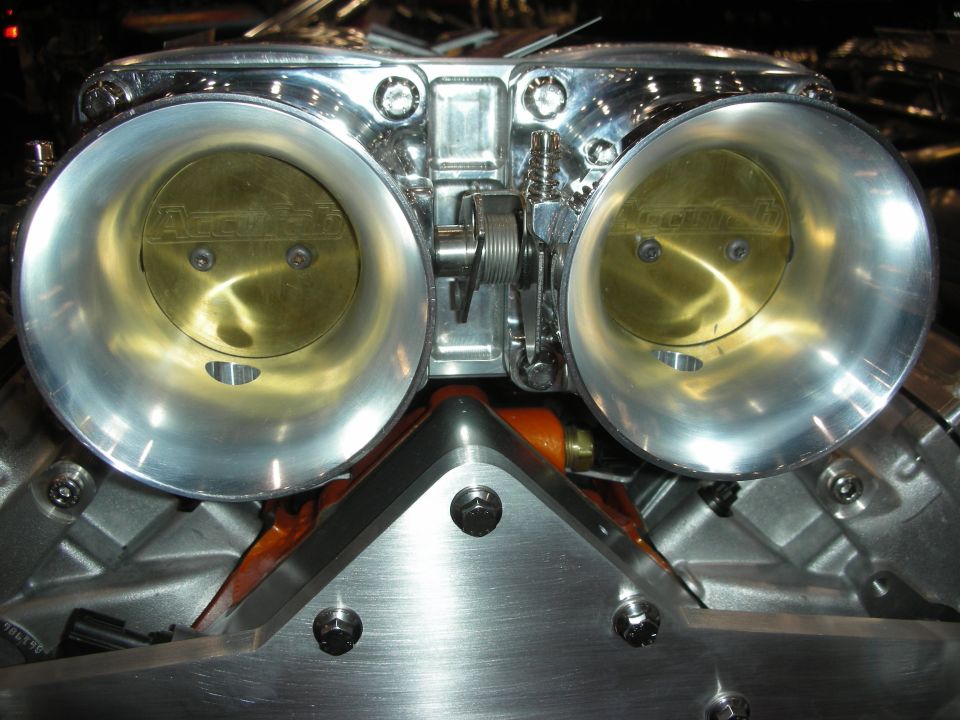 Dual Accufab throttle body with polished aluminum trumpets