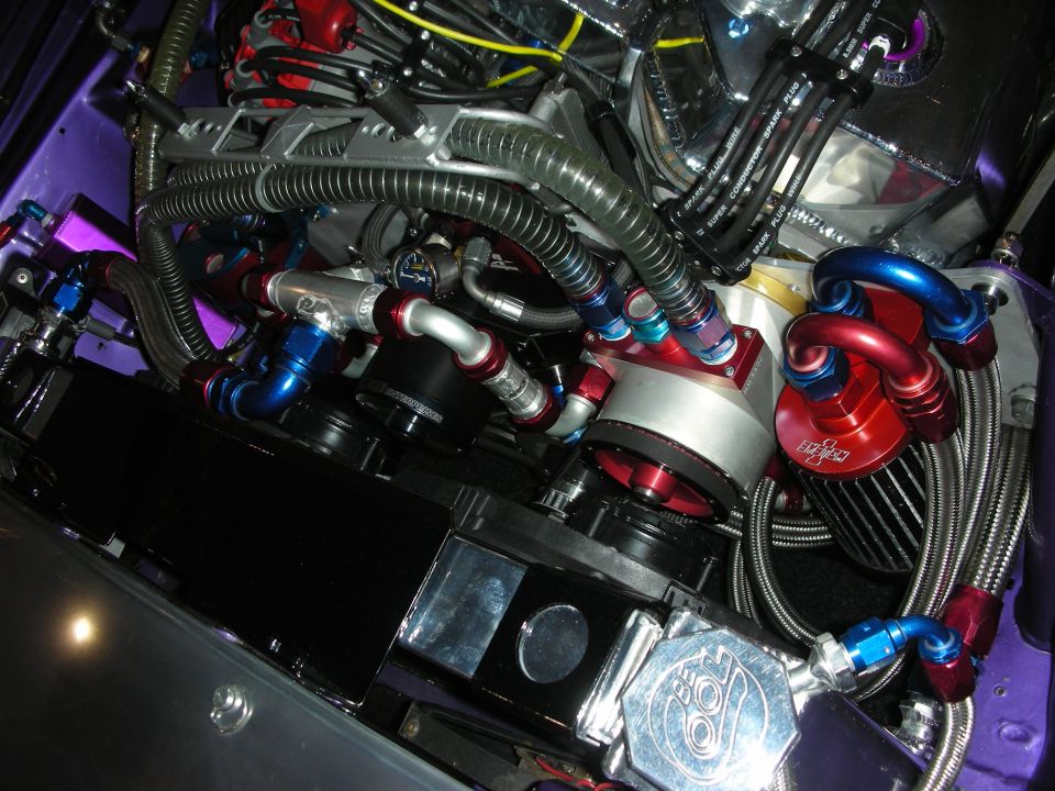 Engine bay with custom red and blue braided hoses, chrome components, and a black radiator cover