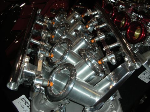 1998 Ford Crown Victoria - Custom V8 engine intake manifold with chrome finish and visible fuel injectors.