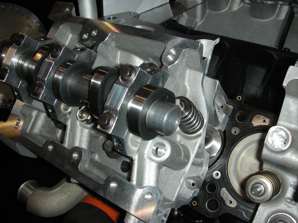 Cutaway view of an engine's camshaft and valve train