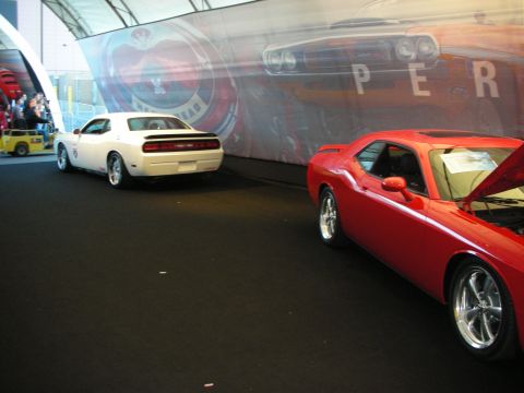 1998 Ford Crown Victoria - Two Dodge Challengers are displayed indoors, one red and one white, with a large graphic of a Challenger in the background.