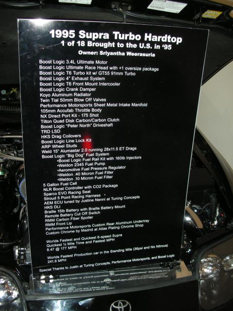 1998 Ford Crown Victoria - Car-show display placard for a 1995 Toyota Supra Turbo build (1 of 18) listing Boost Logic 3.4L motor, GT55 91mm turbo, 160 lb injectors an…