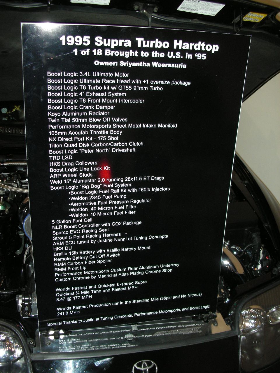 1995 Supra Turbo Hardtop car-show spec placard: 8.47 @ 177 mph, Boost Logic Big Dog fuel system