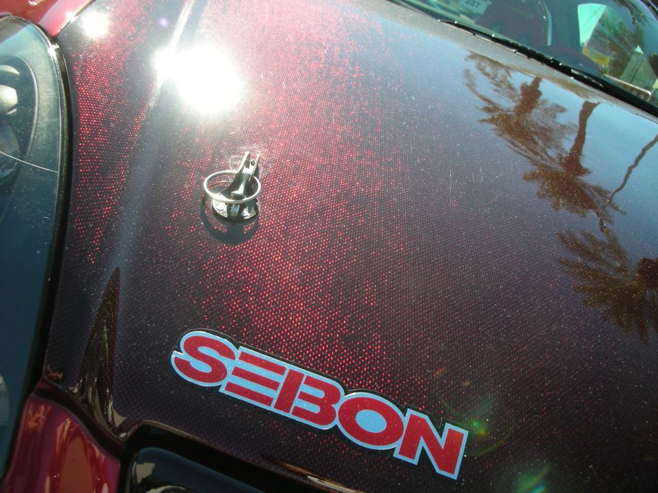 Car hood with red glitter paint and a SEBON sticker. Hood latch visible