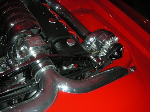1998 Ford Crown Victoria - Custom engine bay with polished chrome components and a supercharger visible.