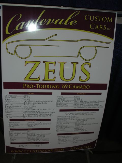 1998 Ford Crown Victoria - Carlevale Custom Cars display board for ZEUS, a Pro-Touring 1969 Camaro, listing 707 CI Dart aluminum block, 927 HP / 977 TQ, FAST EFI and…