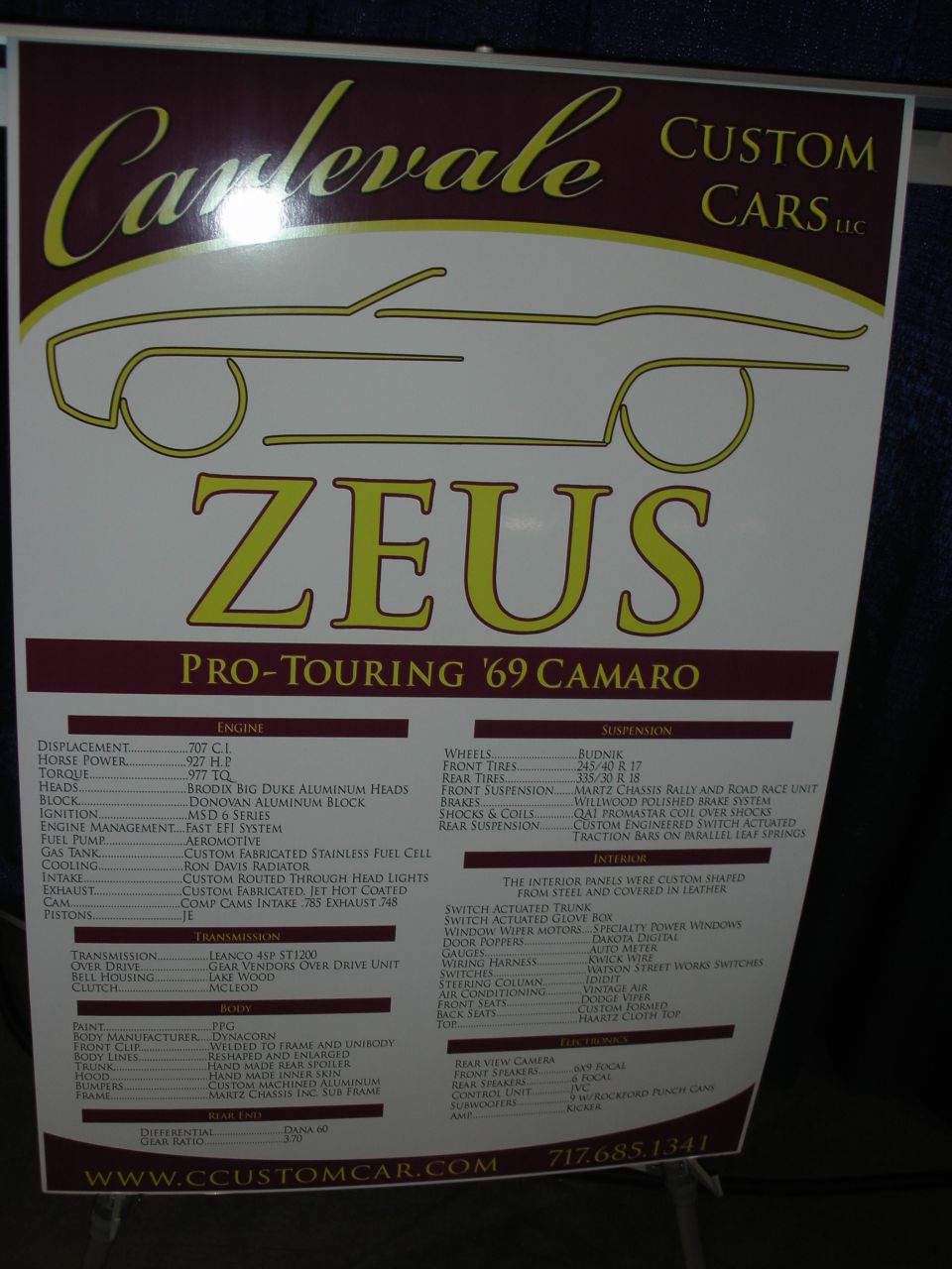 ZEUS Pro-Touring 1969 Camaro car-show spec board: 707 CI, 927 HP, 977 TQ, Carlevale Custom Cars