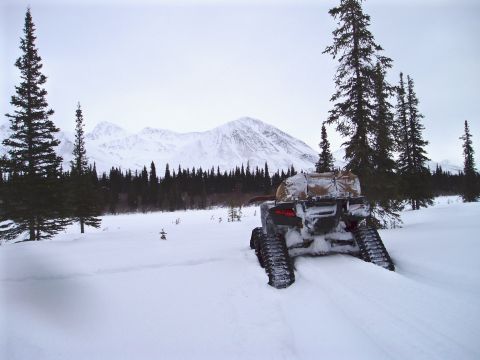 2000 Ford E350 - An ATV equipped with tracks navigates a snowy trail, with snow-covered mountains in the distance.