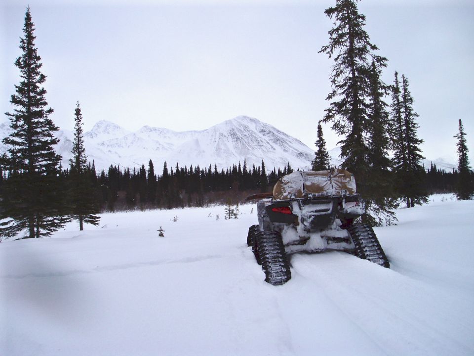 ATV with tracks driving through snow with mountains and trees in background