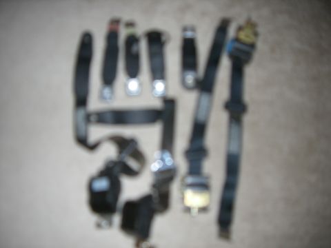 1988 Ford Bronco - A collection of black seat belts are displayed, likely for sale or identification.