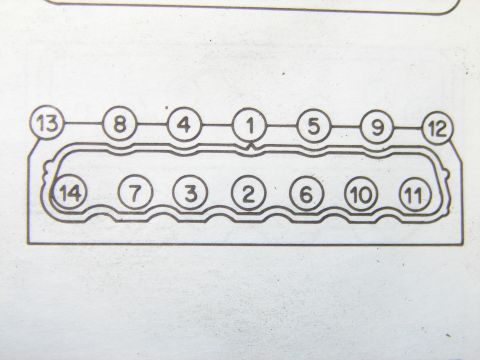 1973 Ford Ranchero - Cylinder head bolt torque-sequence diagram showing the numbered tightening order for fourteen head bolts.