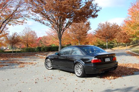 2002 BMW M3 - A black 2002 BMW M3 coupe is parked on a lot covered with fallen leaves during autumn.