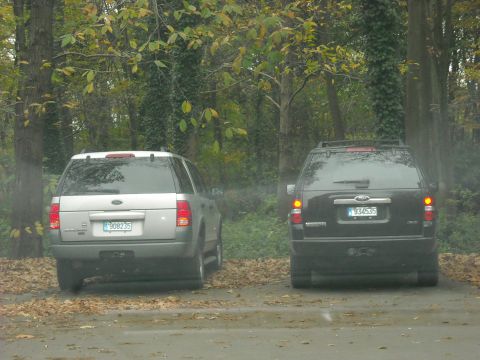 1979 Ford F-150 - Two Ford Explorer SUVs are parked in a wooded area, viewed from the rear.