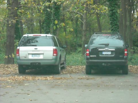 1979 Ford F-150 - Two Ford Explorers are parked side-by-side in a lot with fallen leaves and trees in the background.