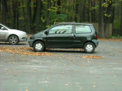 1979 Ford F-150 - A dark green hatchback is parked beside a silver car on a paved surface with fallen leaves.
