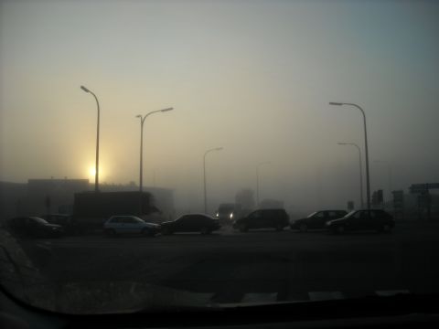 1979 Ford F-150 - Vehicles are visible in a foggy traffic scene during sunrise, with streetlights illuminating the hazy conditions.