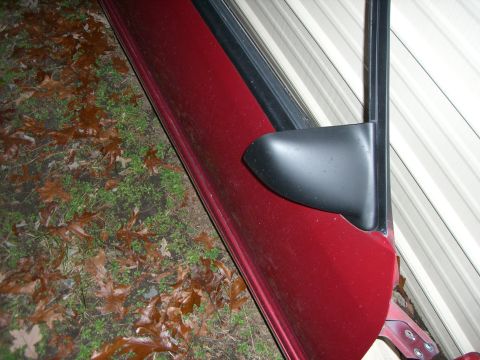 1988 Ford Bronco - Detail of a red vehicle's door and side mirror, with fallen leaves on the ground.