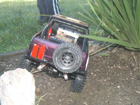 1988 Ford Bronco - An RC crawler is shown from the rear, navigating a rocky and grassy outdoor environment.